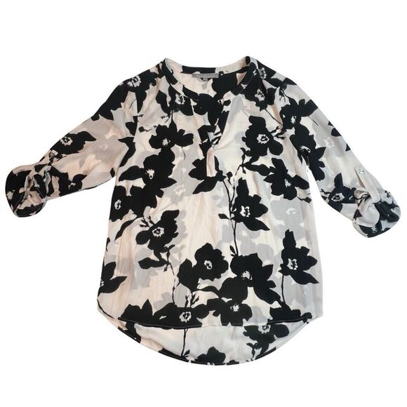 Daniel Rainn Blouse Women Petite Medium White Black Floral High Low Sheer Tunic - Picture 5 of 9